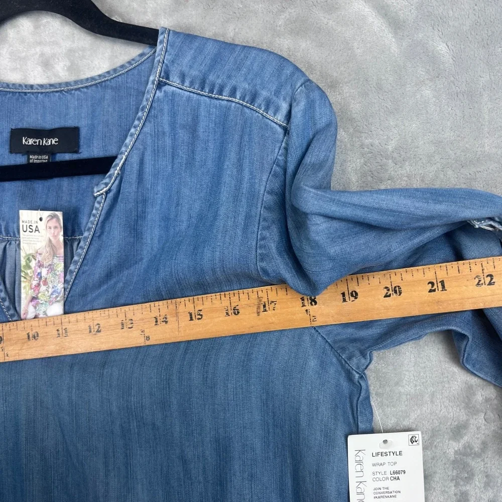 Karen Kane Women Top Lifestyle Chambray Wrap Blue Roll Tab Sleeve Small NWT
